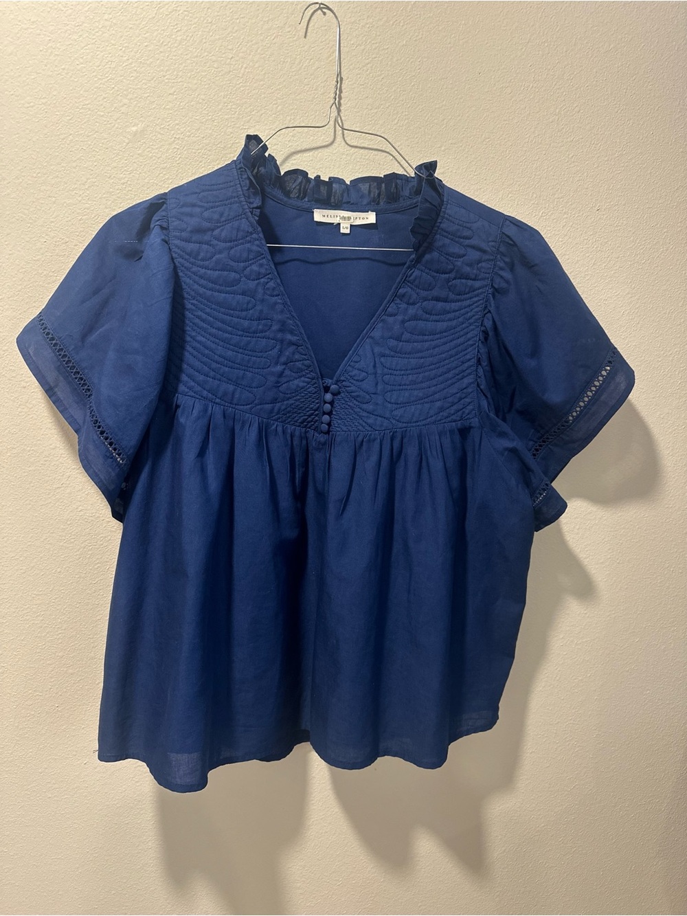 MELISSA NEPTON Navy Blue Ruffled Cotton Top